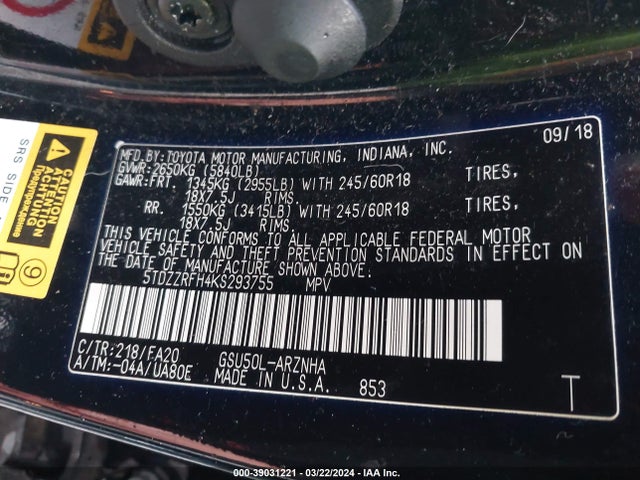 Toyota Highlander Le Plus 2019 5TDZZRFH4KS293755 Image 9