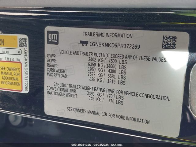 1GNSKNKD6PR172269 Chevrolet Tahoe 4wd Lt