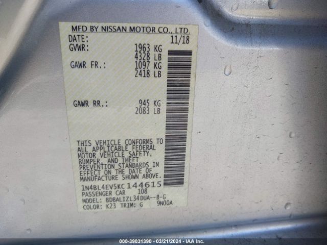 1N4BL4EV5KC144615 Nissan Altima 2.5 Sl