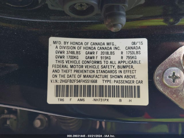 Honda Civic Lx 2015 2HGFB2F54FH551668 Image 9