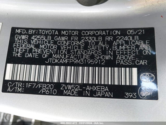 Toyota Prius Prime Le 2021 JTDKAMFP9M3195912 Image 9