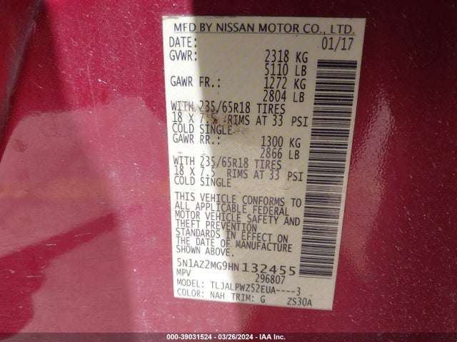Nissan MURANO S 2017 5N1AZ2MG9HN132455 Image 9