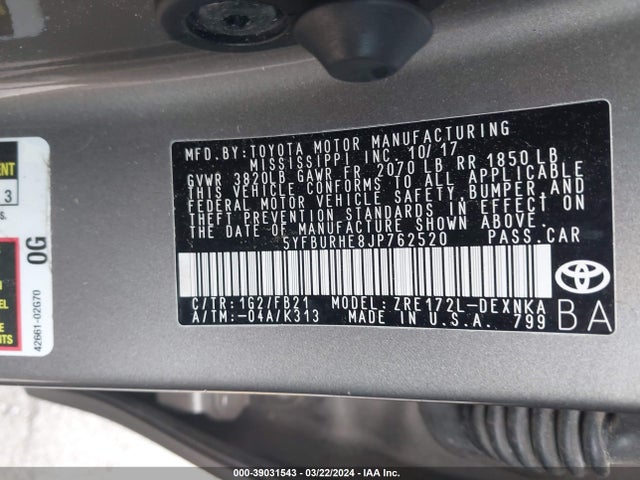 Toyota COROLLA LE 2018 5YFBURHE8JP762520 Image 9