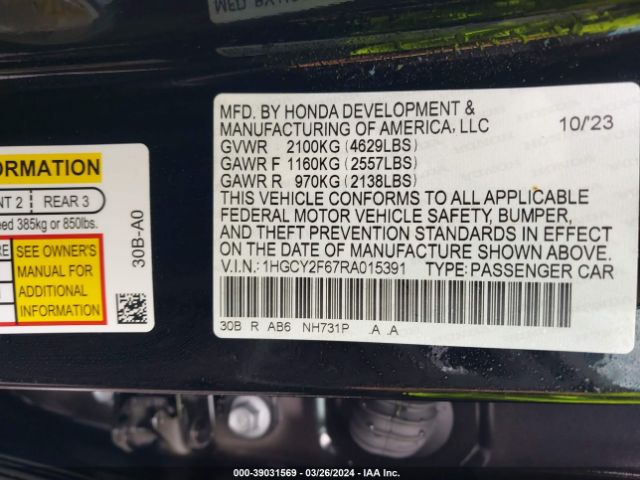 1HGCY2F67RA015391 Honda Accord Hybrid Ex-l