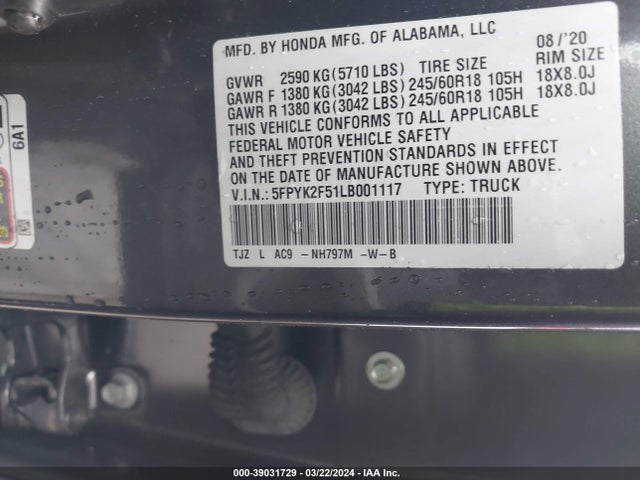 Honda Ridgeline 2wd Rtl 2020 5FPYK2F51LB001117 Image 9