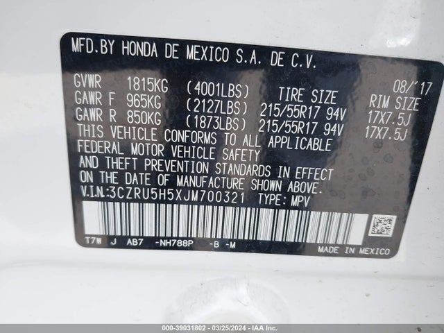Honda HR-V EX 2018 3CZRU5H5XJM700321 Image 9