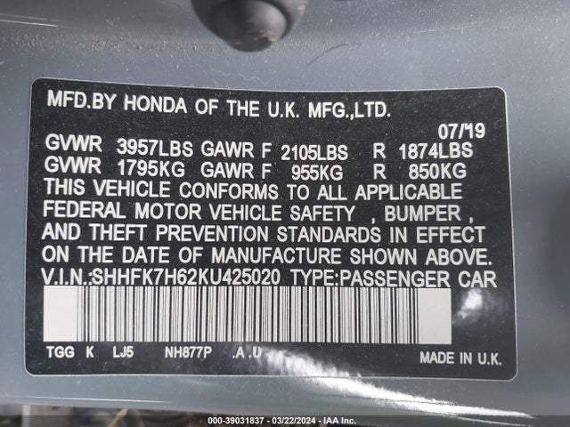 Honda CIVIC EX 2019 SHHFK7H62KU425020 Image 9