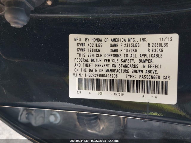 Honda ACCORD EX 2016 1HGCR2F06GA082361 Image 9
