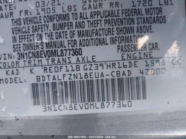 3N1CN8EV0ML877360 Nissan Versa Sv Xtronic Cvt