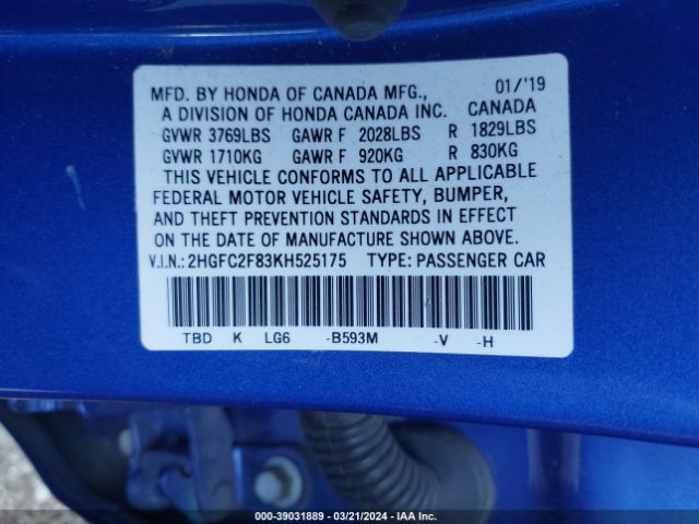 2HGFC2F83KH525175 Honda Civic Sport
