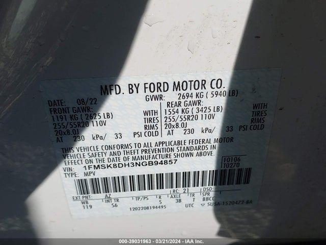 Ford EXPLORER XLT 2022 1FMSK8DH3NGB94857 Image 9