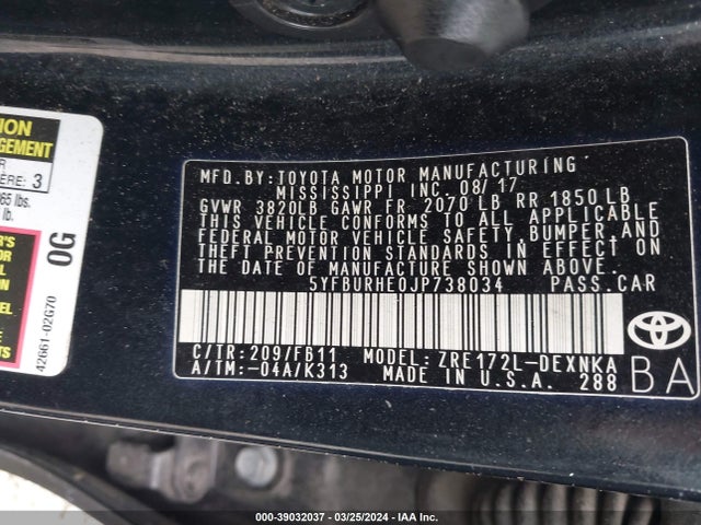 Toyota COROLLA LE 2018 5YFBURHE0JP738034 Image 9