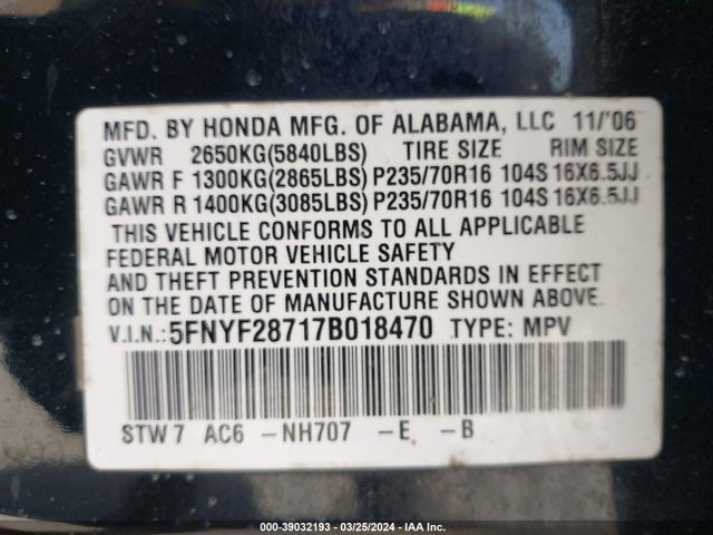 39032193 :رقم المزاد ، 5FNYF28717B018470 vin ، 2007 Honda Pilot Ex-l مزاد بيع
