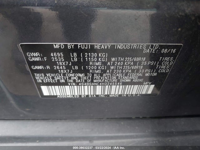 Subaru Outback 2.5i Limited 2017 4S4BSANC4H3245546 Image 9