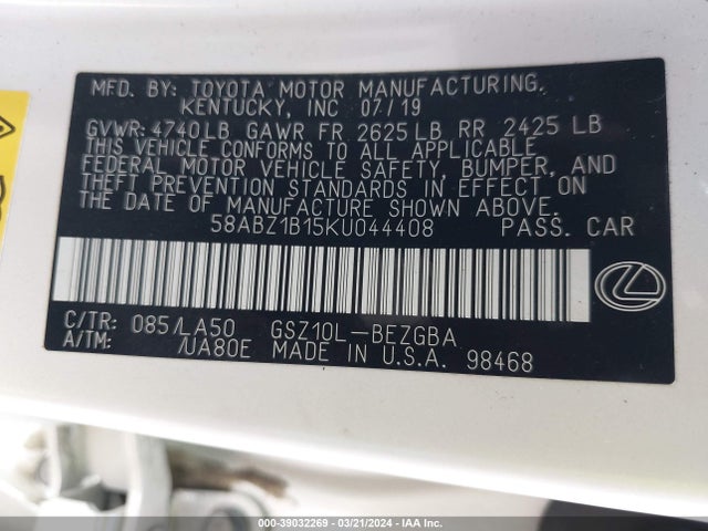 Lexus ES 350 2019 58ABZ1B15KU044408 Image 9