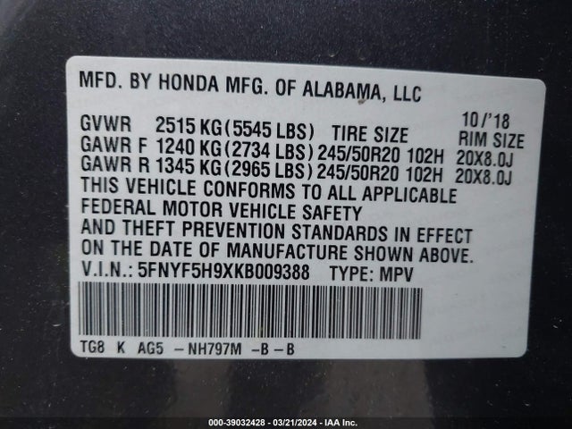 Honda Pilot Touring 2019 5FNYF5H9XKB009388 Image 9