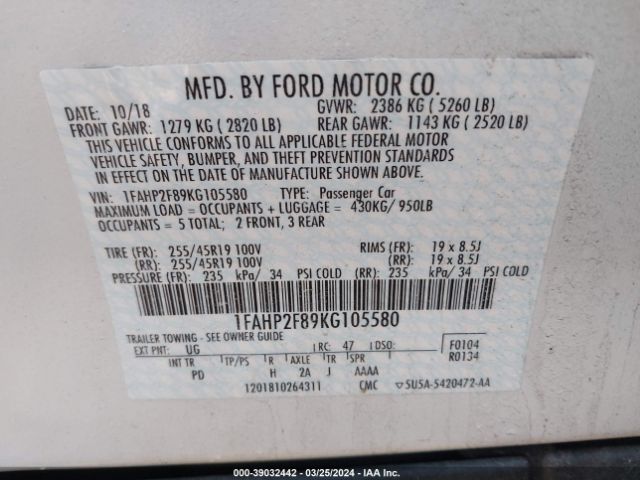 1FAHP2F89KG105580 Ford Taurus Limited