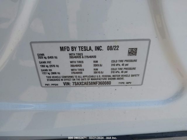 7SAXCAE58NF360080 Tesla Model X Dual Motor All-wheel Drive