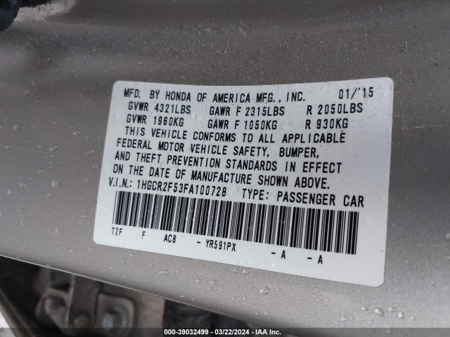 Honda Accord Sport 2015 1HGCR2F53FA100728 Image 9
