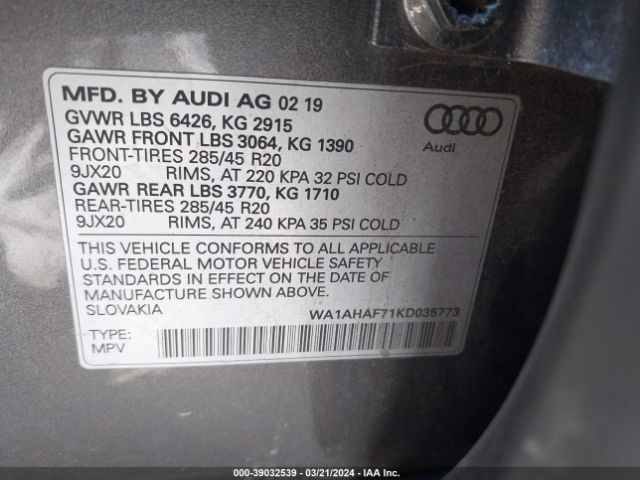 WA1AHAF71KD035773 Audi Q7 45 Premium/45 Se Premium