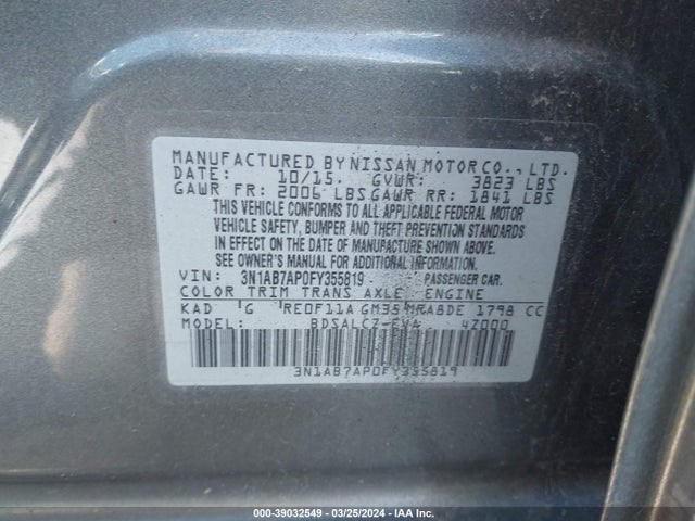 Nissan SENTRA S 2015 3N1AB7AP0FY355819 Image 9