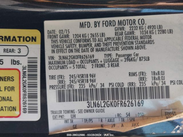 3LN6L2GK0FR626169 Lincoln MKZ