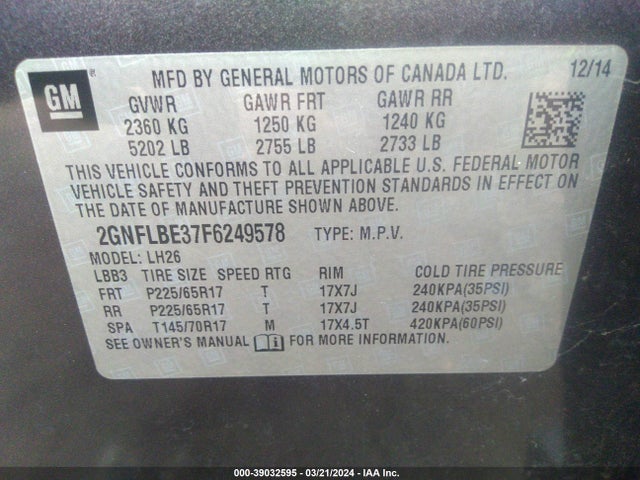 Chevrolet EQUINOX 1LT 2015 2GNFLBE37F6249578 Image 9