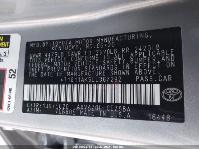 4T1G11AK5LU367292 Toyota Camry Se Nightshade Edition