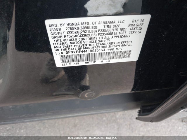 Honda Pilot Ex 2014 5FNYF4H44EB025153 Image 9