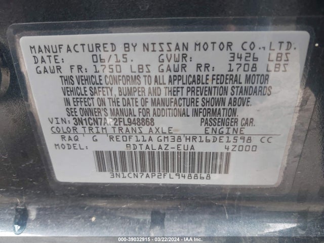 Nissan Versa 1.6 S+ 2015 3N1CN7AP2FL948868 Image 9