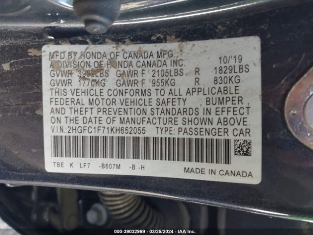 2HGFC1F71KH652055 Honda Civic Ex-l