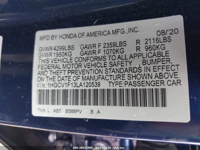 Honda ACCORD LX 2020 1HGCV1F13LA120539 Image 9