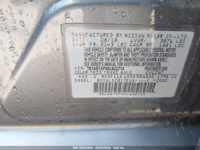 Nissan SENTRA SV 2019 3N1AB7AP4KL608714 Image 9