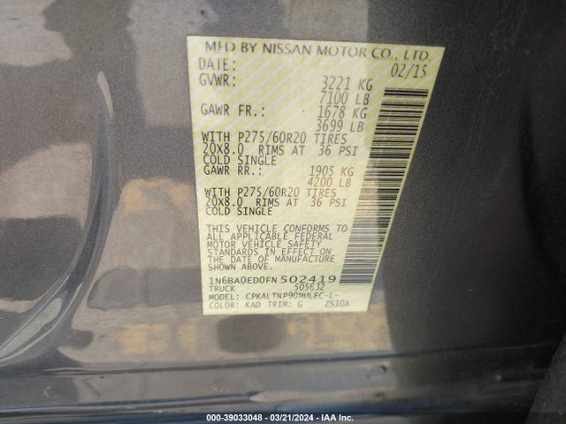 Nissan TITAN SV 2015 1N6BA0ED0FN502419 Image 9
