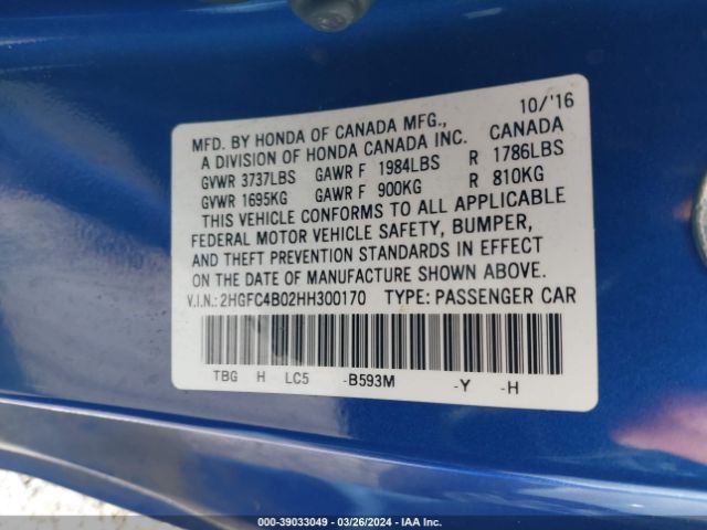 2HGFC4B02HH300170 Honda Civic Lx-p
