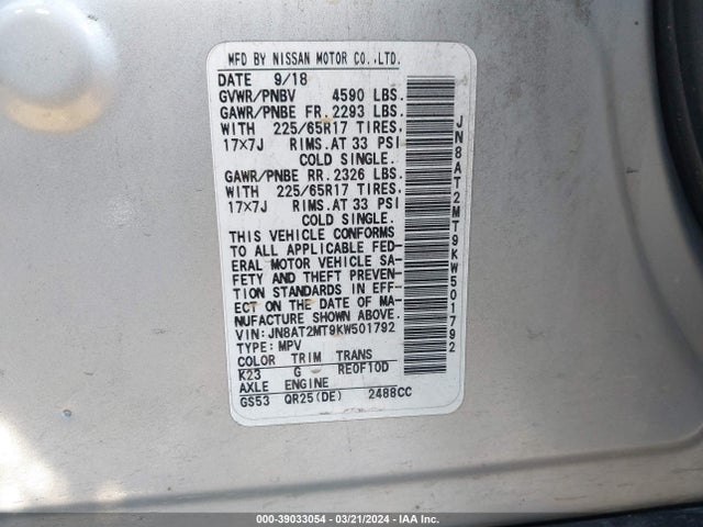 Nissan ROGUE SV 2019 JN8AT2MT9KW501792 Image 9
