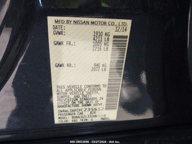 Nissan Altima 2.5 Sv 2015 1N4AL3AP2FC235652 Image 9