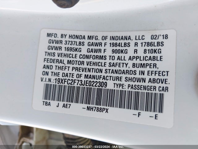 Honda CIVIC EX 2018 19XFC2F73JE022309 Image 9