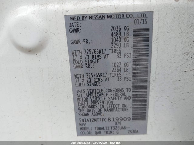 Nissan ROGUE SV 2015 5N1AT2MT7FC819909 Image 9