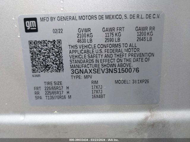 3GNAXSEV3NS150076 Chevrolet Equinox Awd Ls