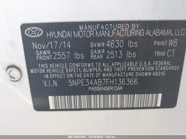 Hyundai Sonata Limited 2.0t 2015 5NPE34AB7FH136366 Image 9