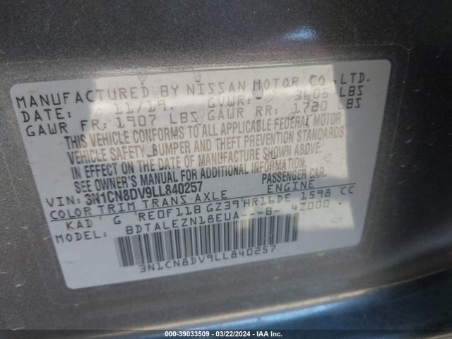 Nissan Versa S Xtronic Cvt 2020 3N1CN8DV9LL840257 Image 9