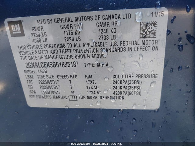 Chevrolet EQUINOX LT 2016 2GNALCEK5G6189518 Image 9