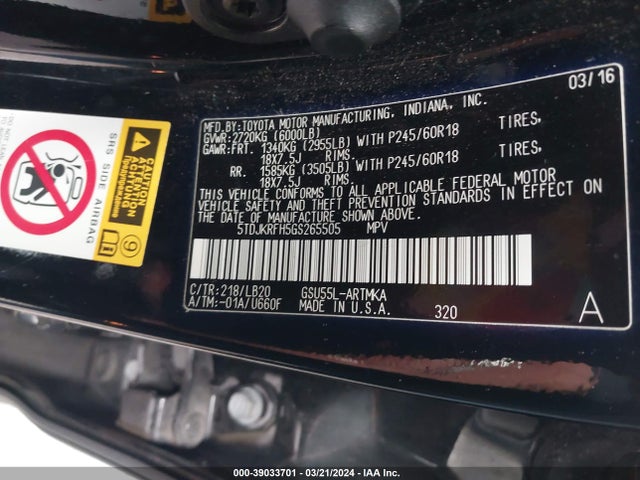 Toyota Highlander Xle V6 2016 5TDJKRFH5GS265505 Image 9