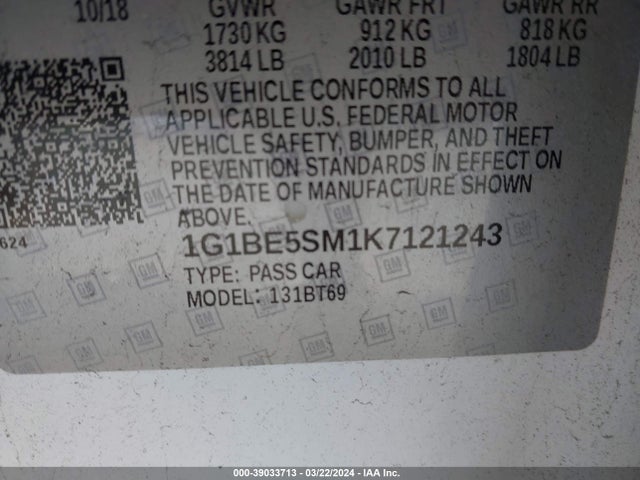 Chevrolet CRUZE LT 2019 1G1BE5SM1K7121243 Image 9