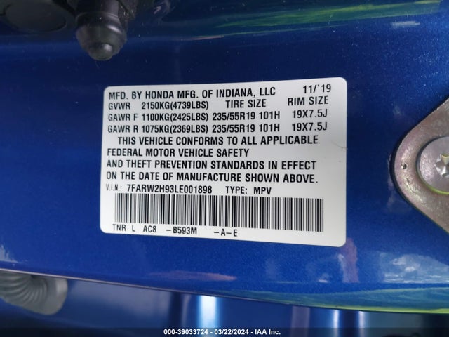 Honda Cr-v Awd Touring 2020 7FARW2H93LE001898 Image 9