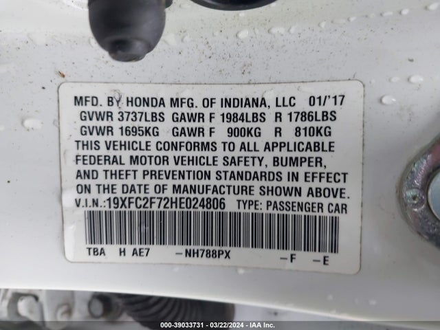 Honda CIVIC EX 2017 19XFC2F72HE024806 Image 9