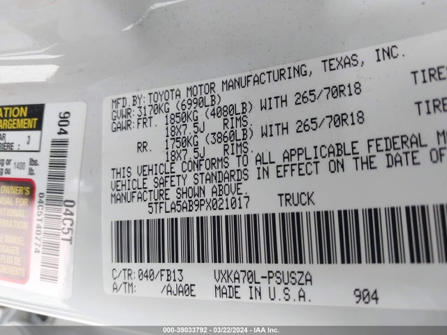 Toyota Tundra Sr5 2023 5TFLA5AB9PX021017 Image 9