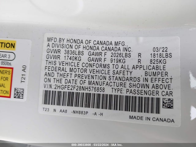 Honda Civic Lx 2022 2HGFE2F28NH576858 Image 9