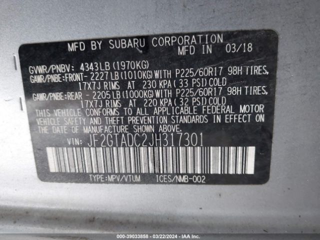 JF2GTADC2JH317301 Subaru Crosstrek 2.0i Premium
